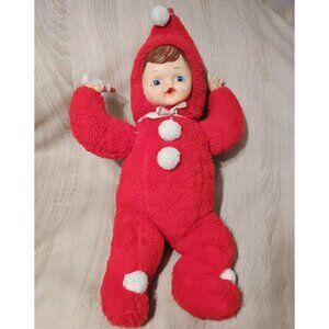 Vintage 1950's Rushton ? Red Snow Baby Rubber Face Doll Red Plush Retro
